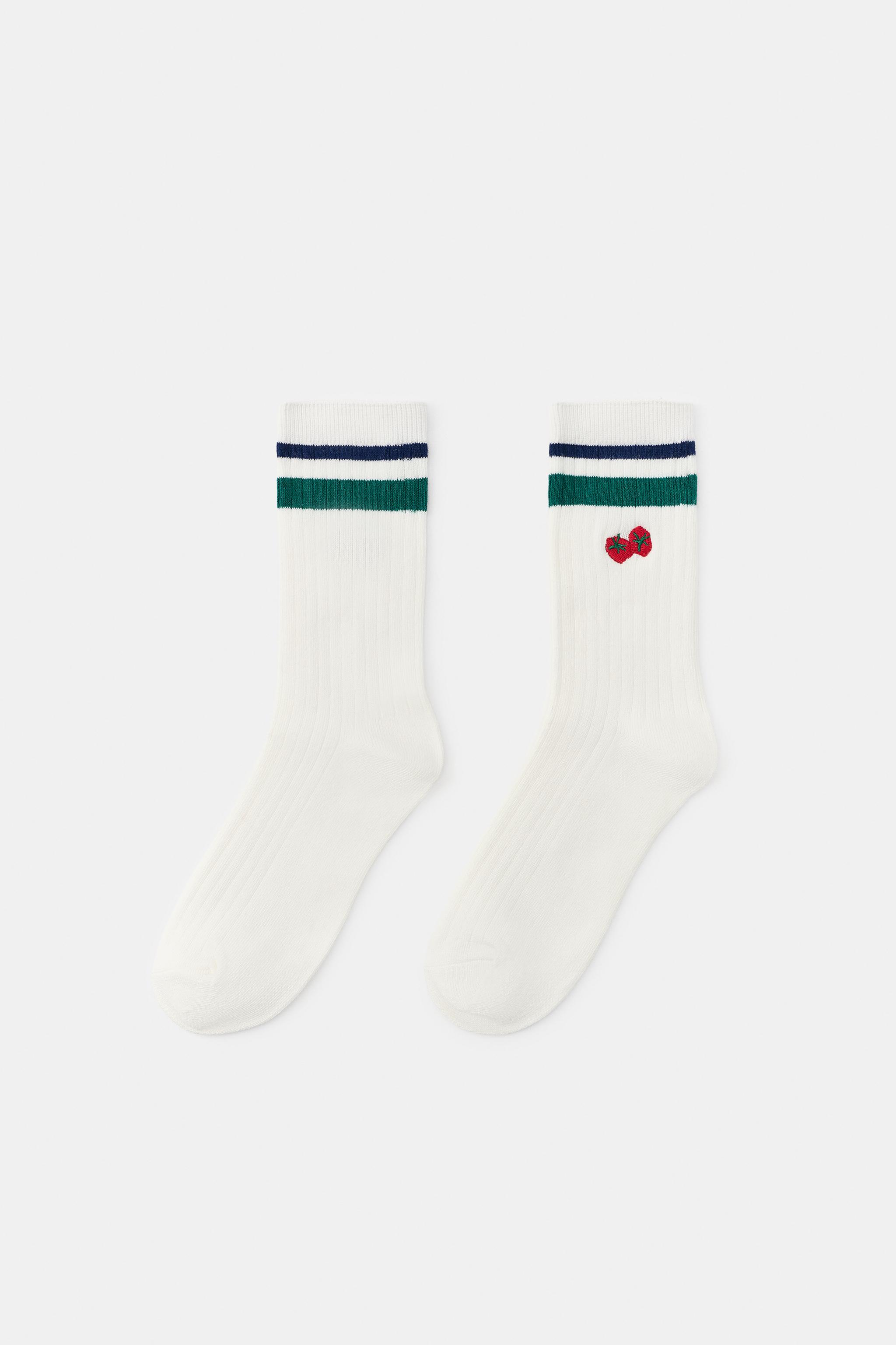 CHAUSSETTES CANNELÉES À RAYURES BRODÉES TOMATES